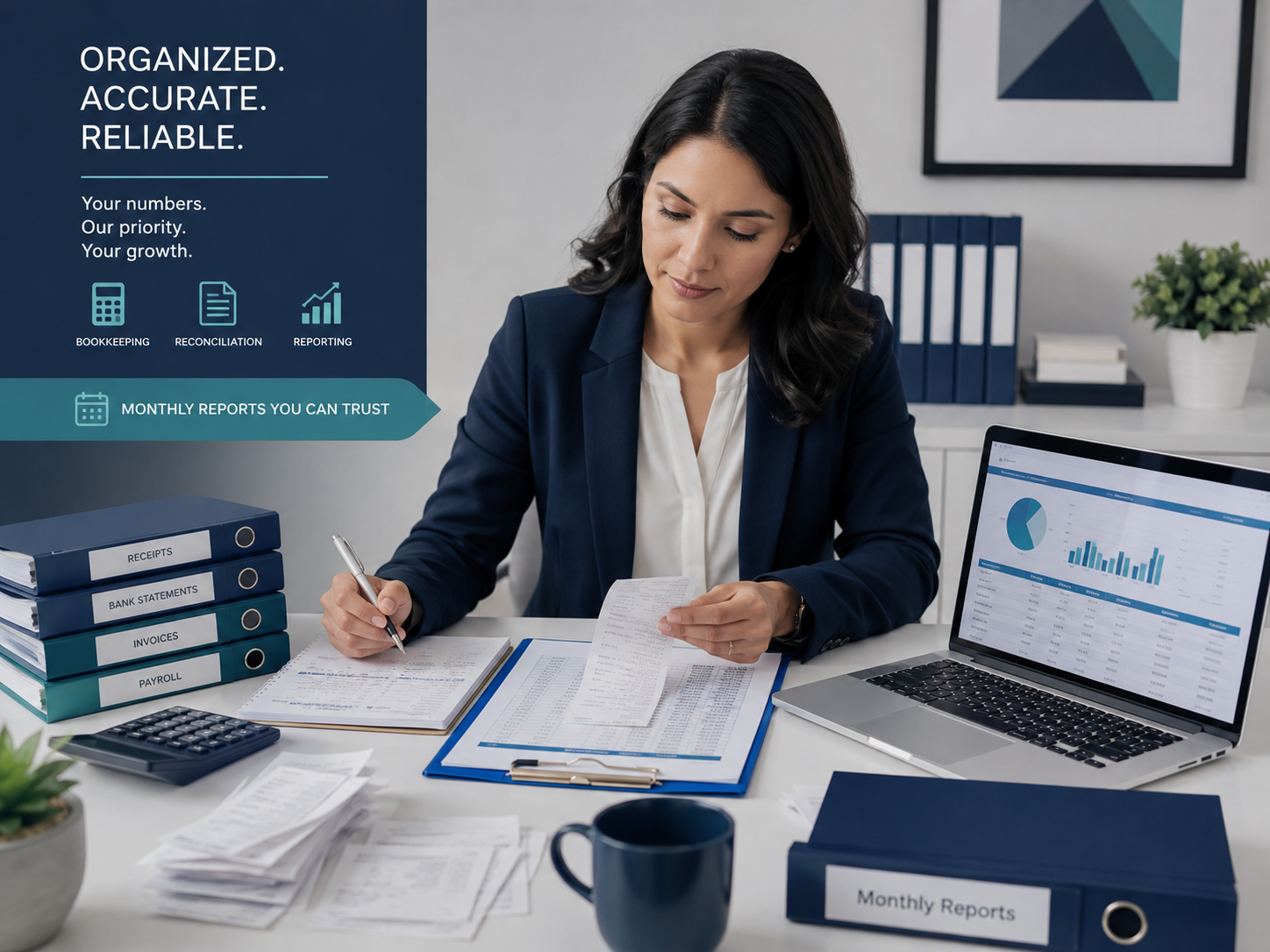Professional bookkeeping workspace with reports and organized records