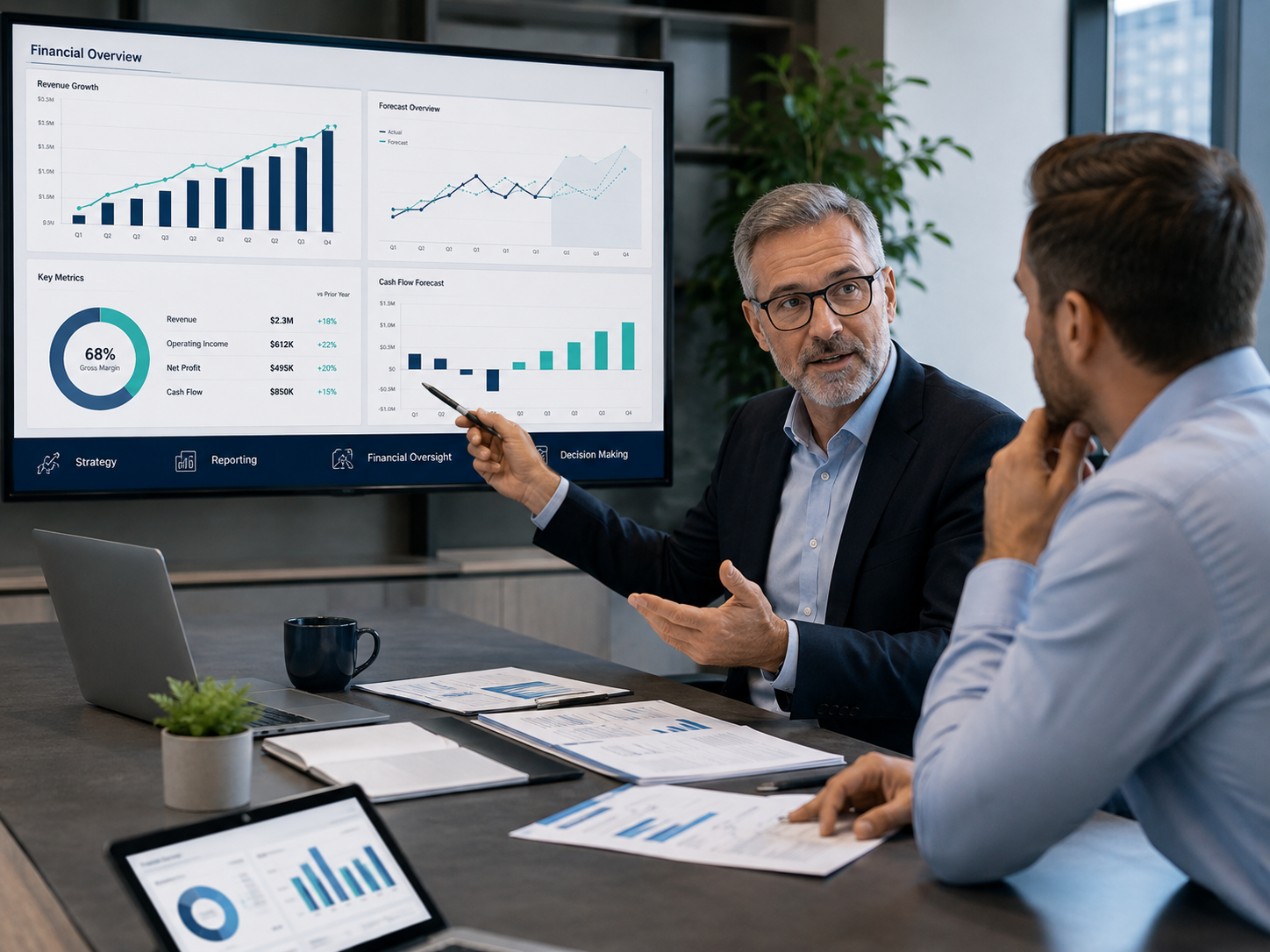 Financial strategy meeting with large dashboard presentation