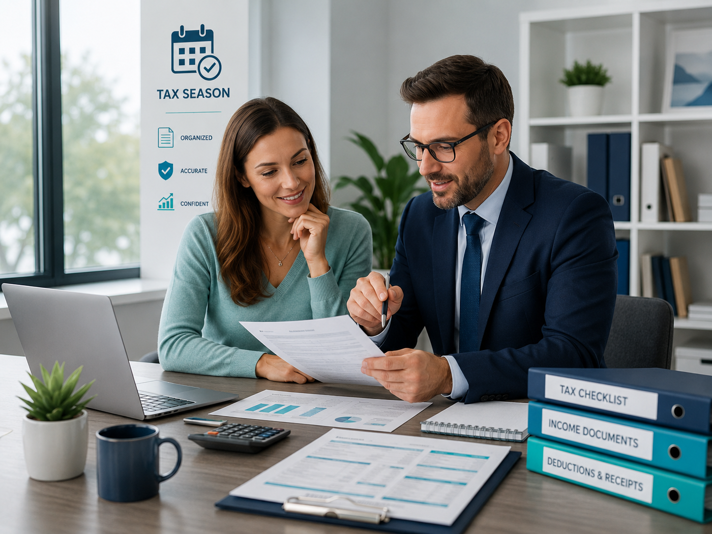 Tax preparation consultation with documents and checklists