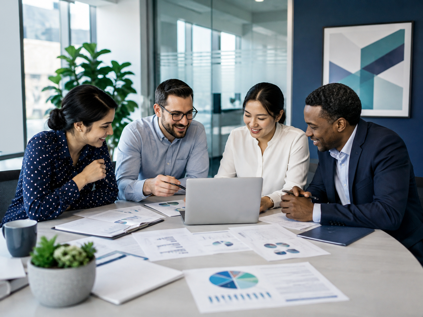 Professional team reviewing reports together